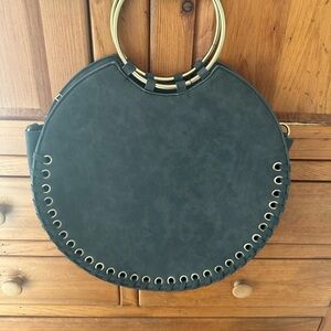 Anthropologie Chic Black Circular Hobo Bag with Brass Handles